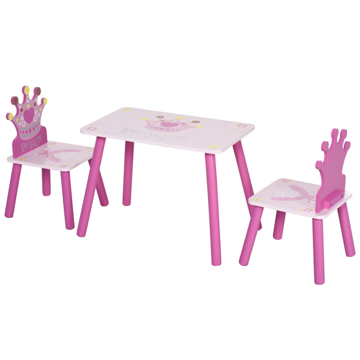 Crown-Themed Kids Wooden Furniture Set - 3-Piece Pink Table and Chair Set with Easy Clean Surface - Ideal for Girls and Toddlers Aged 3-8 Years