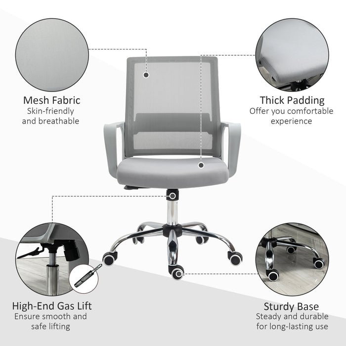 Breathable Mesh Ergonomic Office Chair with Adjustable Height - Desk Chair with Armrests and 360° Swivel Castor Wheels, Grey - Ideal for Comfortable and Productive Workdays