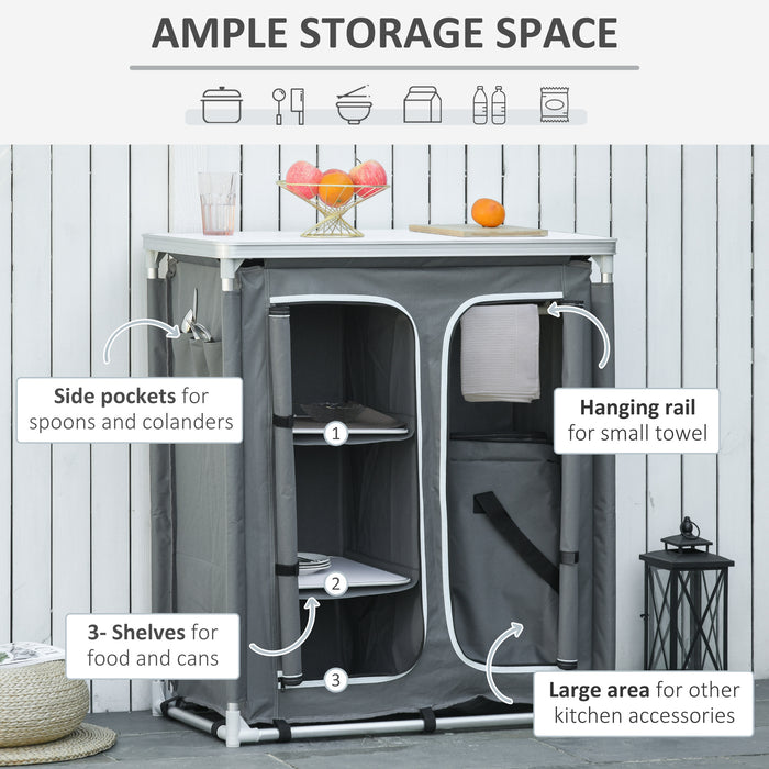 Portable Aluminum Camping Kitchen Station - 3-Shelf Cook Table with Storage Organizer for Outdoor Events - Ideal for BBQ Parties and Picnics, Includes Carrying Bag