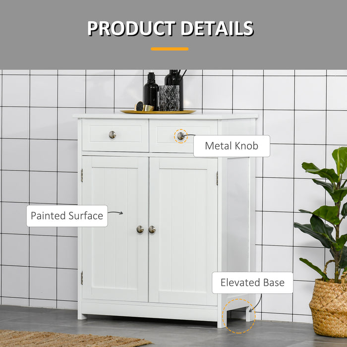 Free-Standing Bathroom Cabinet with Adjustable Shelf - 2-Drawer Storage Unit with Cupboard, Traditional Style, 75x60 cm, White - Ideal for Bathroom Organization and Space Optimization