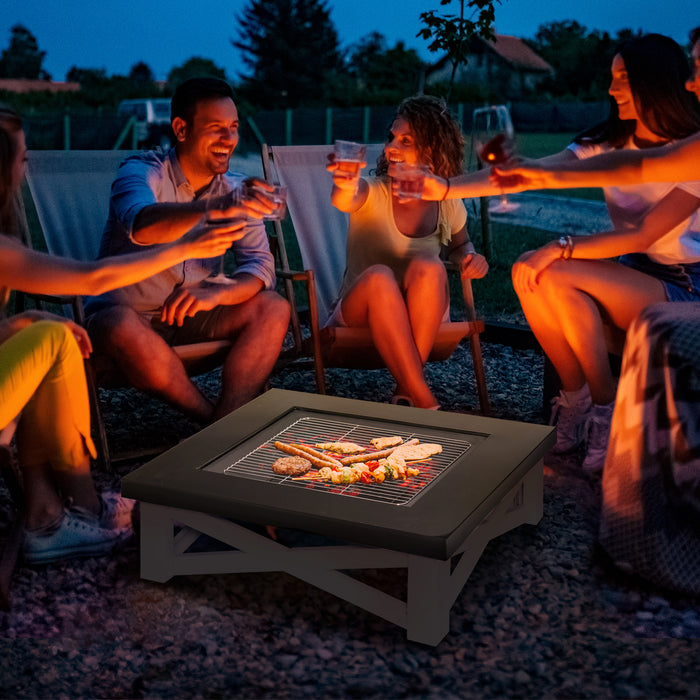 Metal Large 3-in-1 Square Fire Pit - Outdoor Brazier with BBQ Grill, Lid, Log Grate & Poker - Perfect for Backyard Bonfires, 86 x 86 x 38cm, Black