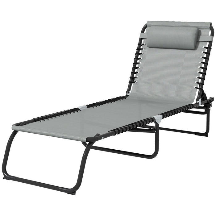 Folding Sun Lounger with 4-Position Recliner - Beach Chaise Chair, Light Grey, Portable Garden Cot for Camping - Ideal for Outdoor Relaxation and Sunbathing