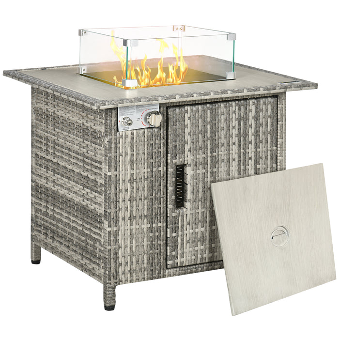 Outdoor Gas Fire Pit Table with PE Rattan Design - 50,000 BTU Propane Heater, Patio Square with Rain Cover, Glass Windscreen & Lava Stone, Grey - Ideal for Cozy Evenings & Entertaining Guests