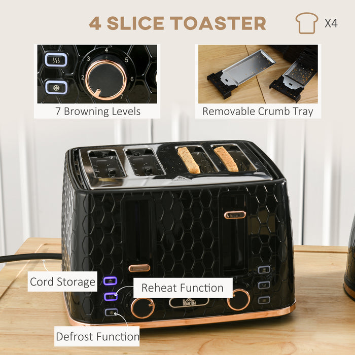 1.7L 3000W Rapid Boiling Kettle & 4-Slice Toaster Combo - Adjustable 7-Setting Browning & Removable Crumb Tray - Stylish Black Kitchen Set for Efficient Breakfast Preparation