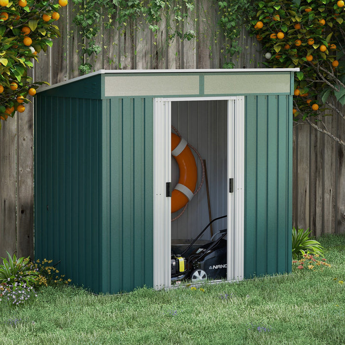 Galvanised 6.5x4ft Metal Garden Shed - Lockable Storage with Double Sliding Doors & Foundation - Ventilated Outdoor Tool Shed for Garden Equipment