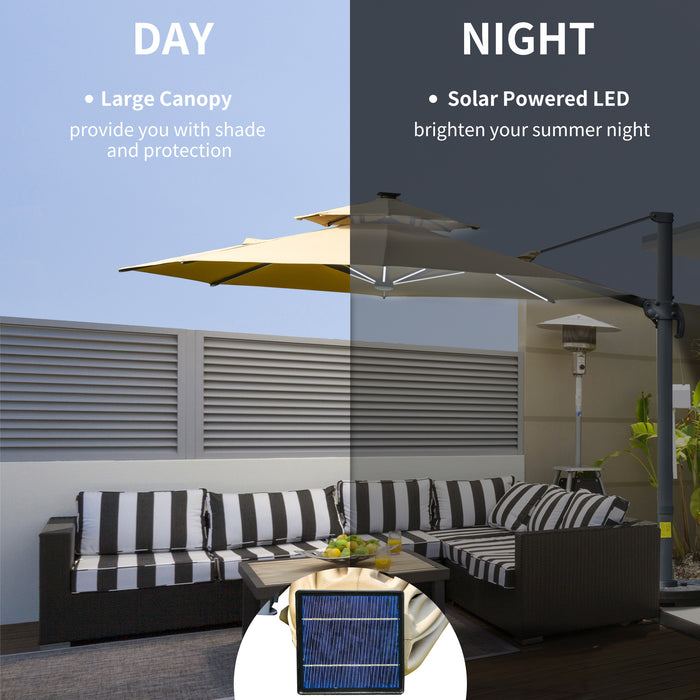 3M Cantilever Parasol with Solar Lights - Adjustable Canopy, 360° Rotation, Power Bank & Cross Base - Outdoor 2-Tier Roof Garden Umbrella for Sun Protection, Khaki