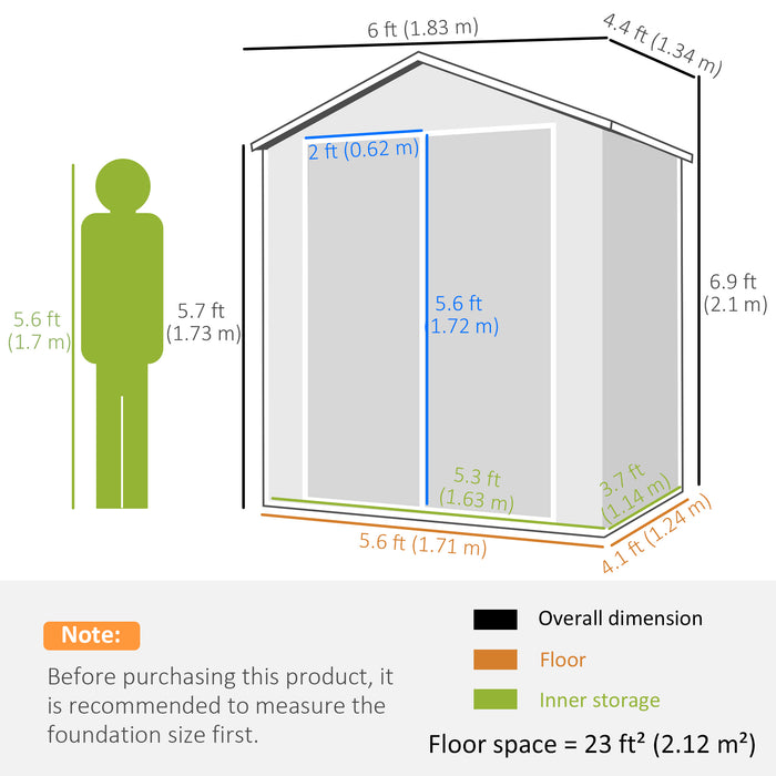 Garden Storage Shed 6'x4.5' - Lockable Double Doors, Window, Ventilation & Durable Plastic Roof, Grey - Ideal for Tools and Equipment Safety