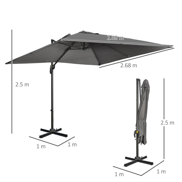 Cantilever Parasol Square Umbrella - 2.7m Overhang with Cross Base, Crank Handle, Tilt Function, 360° Rotation, Aluminum Frame - Ideal for Outdoor Patio Shade, Dark Grey