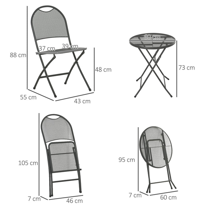 Folding 3-Piece Bistro Set - Mesh Metal Patio Furniture, Outdoor Coffee Table and Chairs - Ideal for Small Spaces and Balcony Dining