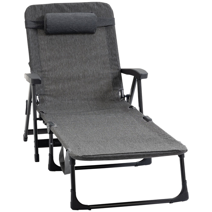 Garden Lounger Adjustable Chair - Mesh Fabric with 7 Reclining Positions, Pillow & Cup Holder in Dark Grey - Ideal Sleeping Bed for Poolside Comfort