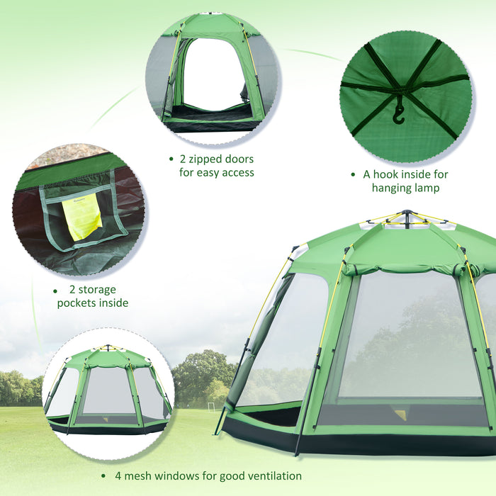 6-Person Instant Pop-Up Camping Tent - Dual-Level, Ventilated Backpacking Shelter with 4 Windows and 2 Doors - Ideal for Family Fishing and Hiking Trips, Includes Portable Carry Bag, Green