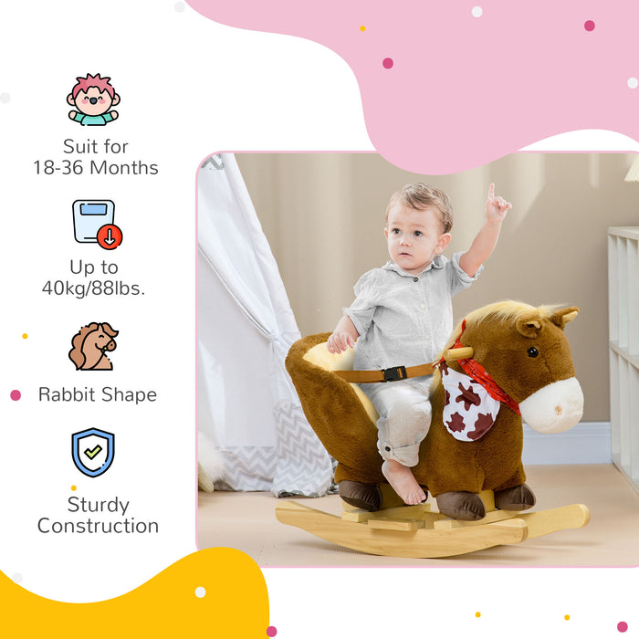 Plush Baby Rocking Horse with Safety Harness - Realistic Sounds, Foot Pedals, Soft Toddler Rocker - Ideal for 18-36 Month Old Children, Cozy Brown