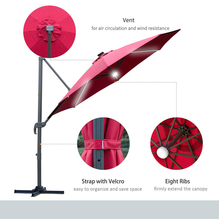 Cantilever Roma Parasol with LED Solar Light - Adjustable Garden Sun Umbrella, 360° Rotating, Cross Base - Outdoor Shade for Patio, Deck, Poolside