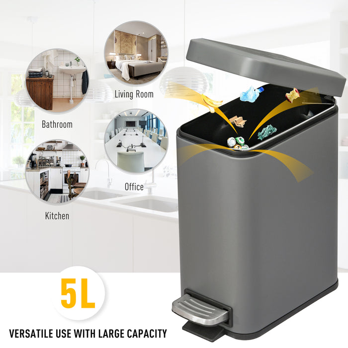 5L Rectangular Compact Bin with Pedal Lid - Steel Body and Removable Bucket, Quiet-Close Lid - Ideal for Tidy Waste Disposal in Home or Office