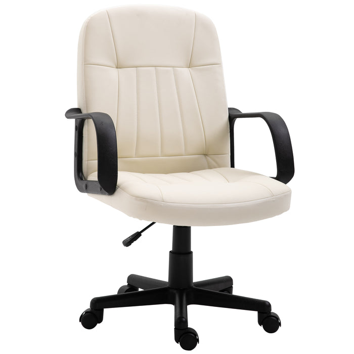 Swivel Mid-Back Executive Chair in Cream PU Leather - Comfortable Desk Chair with Arms and Wheels for Home Office - Ideal for Adults Seeking Style and Mobility