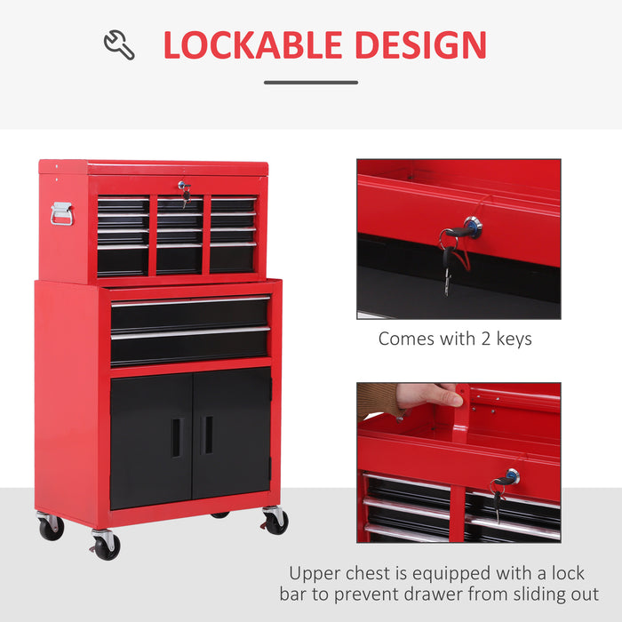 Metal Tool Chest on Wheels with 6 Drawers and Pegboard - Top Chest and Roller Cabinet Combination, 61.6 x 33 x 108cm in Red - Ideal for Workshops and DIY Enthusiasts