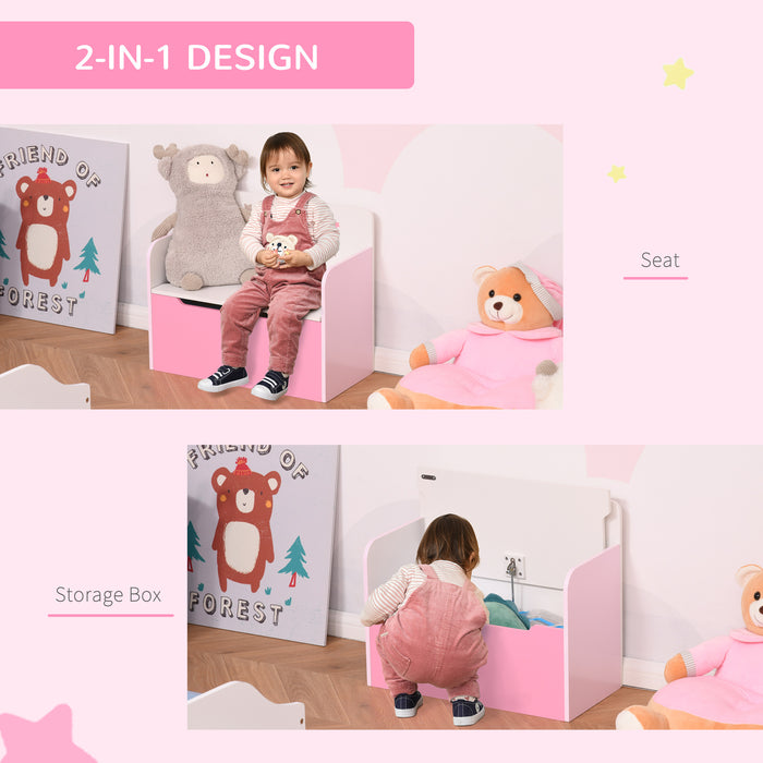 2-in-1 Wooden Toy Chest and Chair for Kids - Safety Hinge Lid with Gas Stay Bar, 60x30x50cm, Pink - Space-Saving Solution for Children's Room