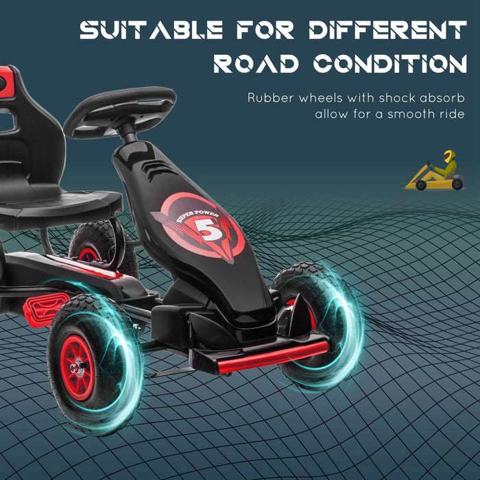 Adjustable Children's Pedal Go-Kart - Racing Cart with Inflatable Tires and Shock Absorption - Ideal for Boys and Girls Aged 5-12, Handbrake Equipped, Vibrant Red