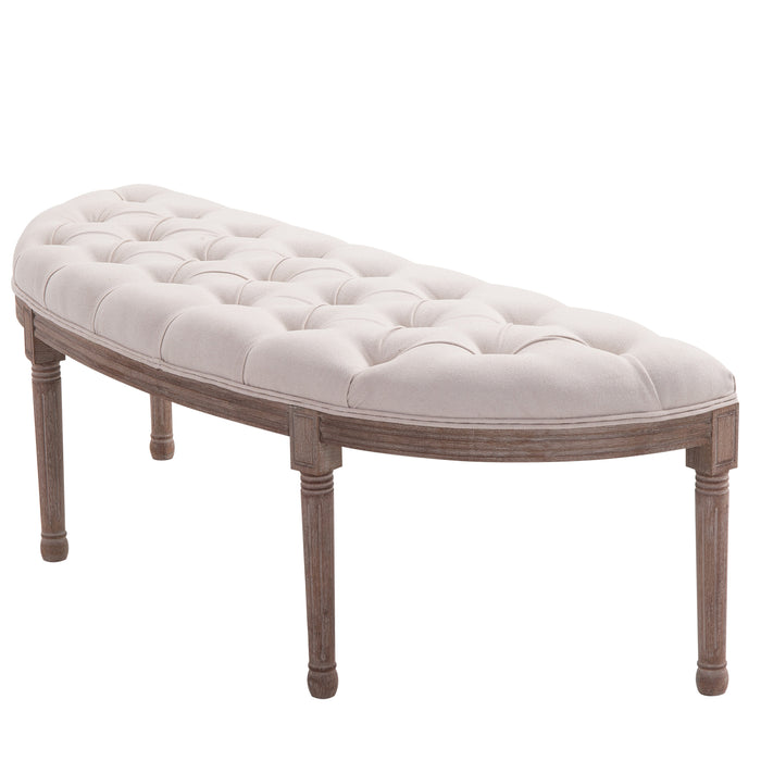 Classic Tufted Ottoman Bench - Half-Circle Padded Footstool with Brushed Wood Base and Antique Accents - Elegant Cream White Seating for Home Decor