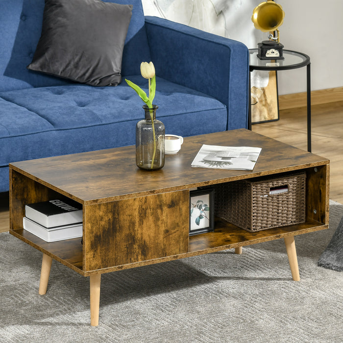 Open Shelf Coffee Table - Retro Cocktail Table with Solid Wood Legs, Rustic Brown Finish - Stylish Living Room Furniture with Storage Space