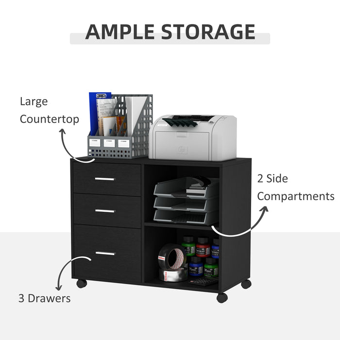 Mobile Office Printer Stand with Wheels - Freestanding 3-Drawer & 2-Shelf Storage Unit, Modern Design, 80x40x65cm - Ideal for Workspace Organization and Convenience in Black