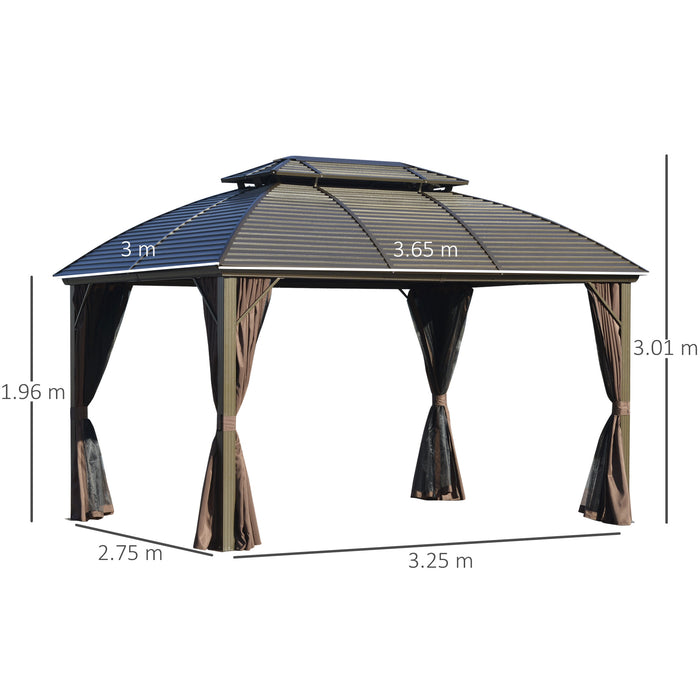 Heavy-Duty 3.65x3m Steel Gazebo with Aluminum Frame - Sturdy Double-Roof Outdoor Canopy for Patio, Brown - Ideal Pavilion for Garden Entertaining and Shelter