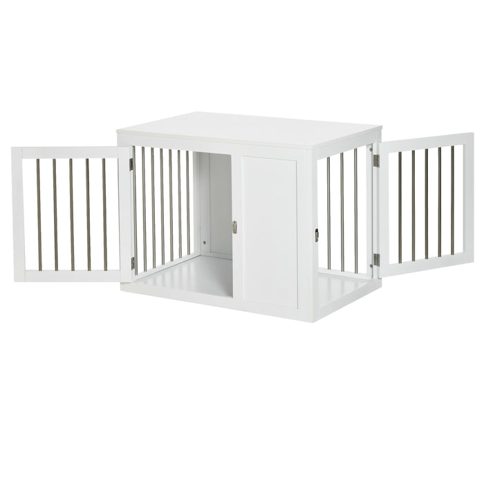 End Table Dog Crate with Style - Dual-Door Lockable Indoor Kennel for Medium Dogs - Decorative Puppy Home Furniture in White