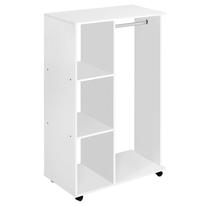 Open Wardrobe with Hanging Rail - Wheeled Storage Unit with Shelves for Bedroom - Versatile Organizing Solution in White