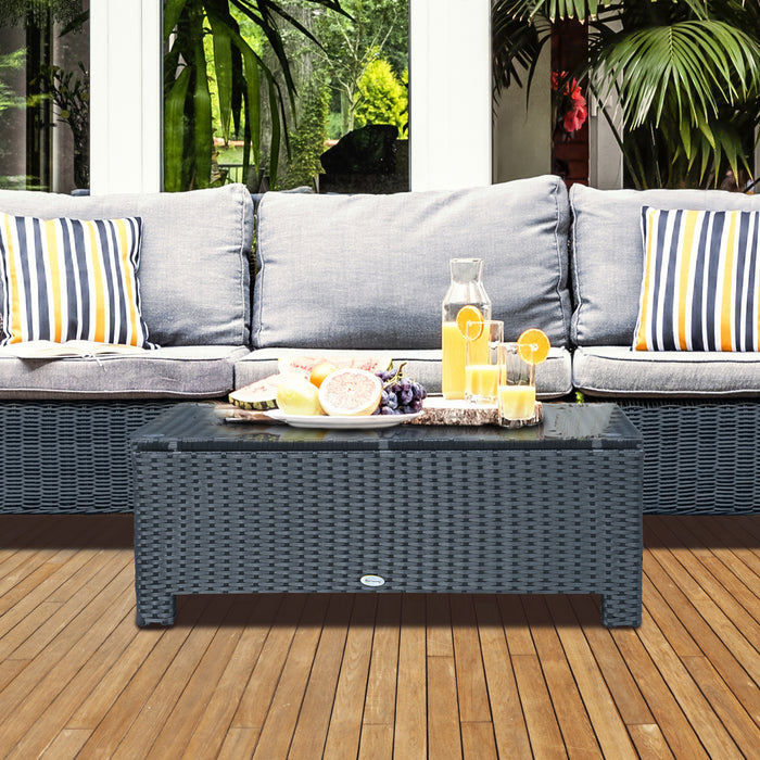 Rattan-Styled Patio Coffee Table - Iron-Framed with Tempered Glass Top, Black Finish - Ideal for Outdoor Entertaining and Relaxation