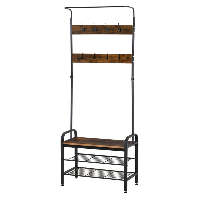 Industrial Style Coat and Shoe Rack Stand - Metal and Wood Hallway Organizer with Removable Hooks, Storage Shelf - Rustic Brown, Space-Saving Design for Entryway