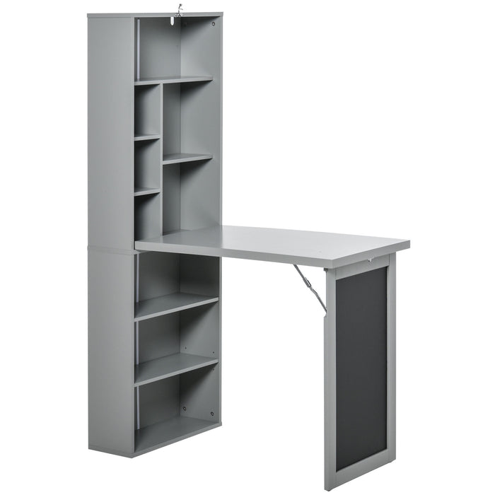 Convertible Wall-Mounted Desk with Blackboard - Fold-Out Writing Station with Side Shelf - Space-Saving Grey Home Office Solution