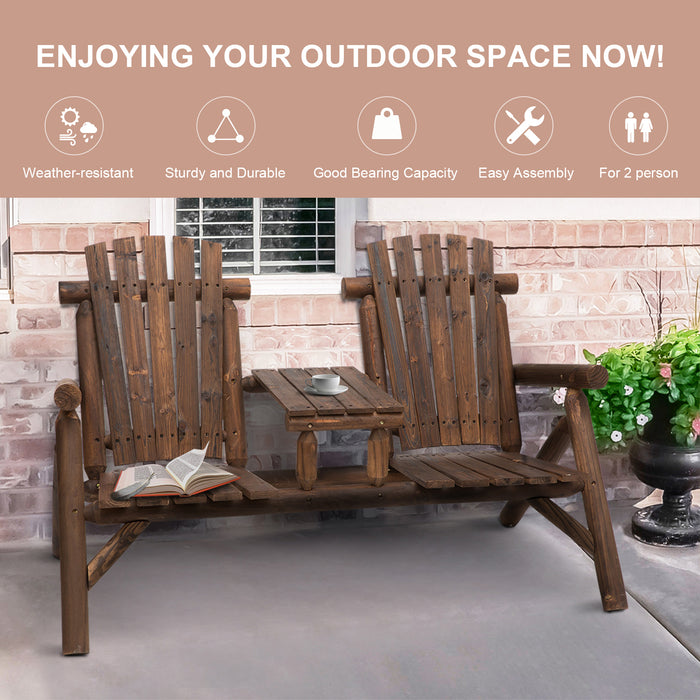 Outdoor Wooden Loveseat Bench - 2-Seat Patio Chair with Integrated Center Coffee Table, Carbonized Finish - Ideal for Garden Relaxation & Backyard Lounging