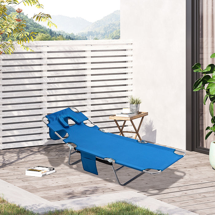 Portable Sun Lounger with Face Cavity and Arm Slots - 5-Position Adjustable Reclining Beach Chaise Lounge in Blue - Ideal for Sunbathing and Relaxation Outdoors