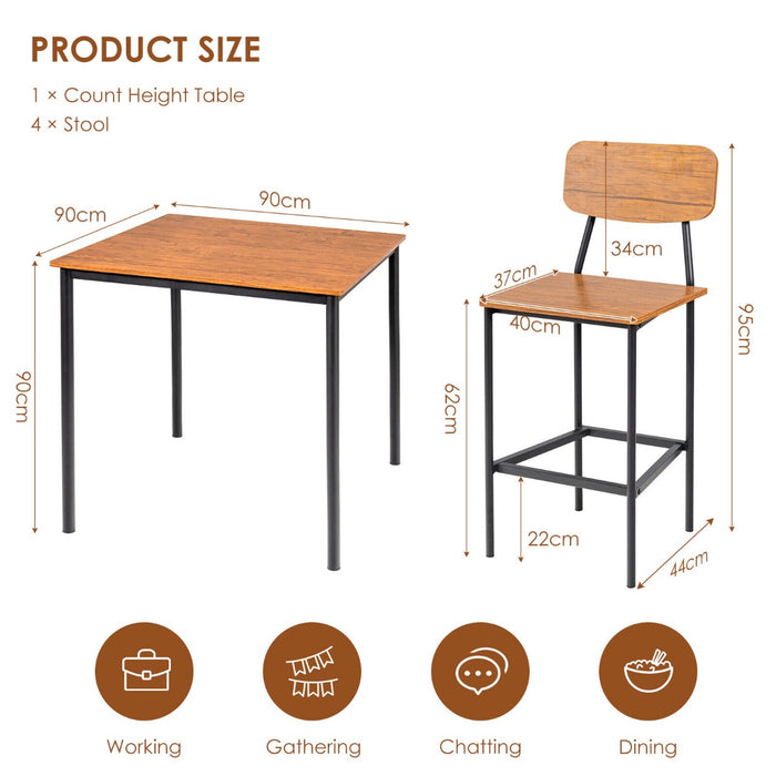 Industrial 5-Piece Dining Set - Bar Counter Height Table with 4 Stools in Walnut Finish - Ideal for Dining Rooms or Lounges