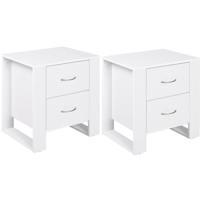 Modern White Bedside Table Set with 2 Drawers - Sleek Nightstand with Handles and Raised Base for Home - Ideal Storage Solution for Bedroom & Living Room, Set of 2