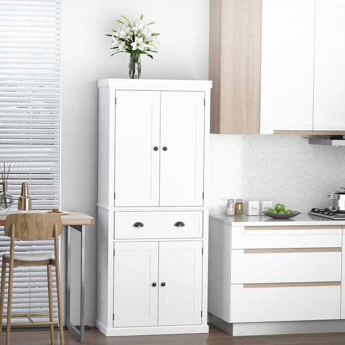 Colonial Style Freestanding Pantry Cabinet - Spacious Kitchen Storage Cupboard, 76x40.5x184 cm, Elegant White - Ideal for Home Organization and Food Storage