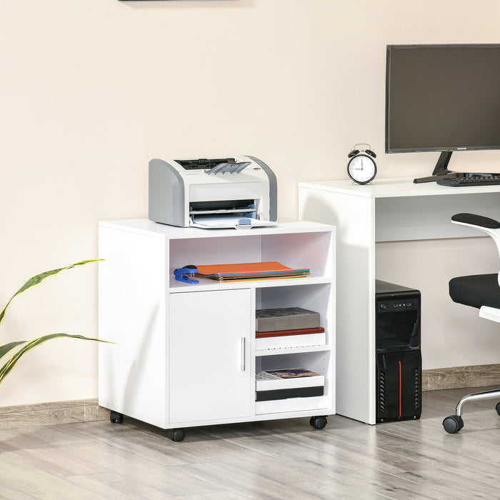 Mobile Printer Stand with Multi-Storage - Office Desk Side Organizer with Wheels, Modern Design, 60L x 50W x 65.5H cm - Ideal for Workspace Organization and Mobility in White