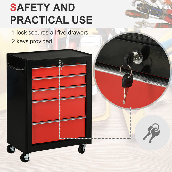 Heavy-Duty 5-Drawer Tool Chest - Portable Lockable Steel Storage Cabinet with Wheels & Handle - Ideal for Garage and Workshop Organization