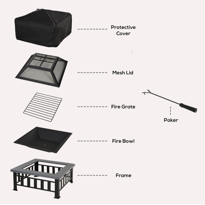 Outdoor Square Metal Firepit - Large Brazier with Rain Cover, Lid, and Log Grate for BBQ & Bonfires - Perfect for Backyard, Camping, 86 x 86 x 54cm, Black