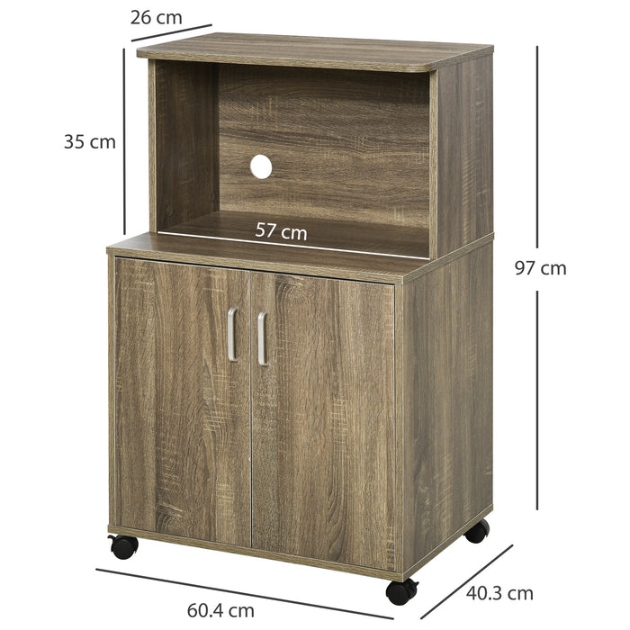 Utility Trolley Microwave Cart with Wheels - Ample Storage Sideboard, 2-Door Cabinet, and Bookshelf, 97x60.4x40.3 cm in Grey - Ideal for Kitchen Organization and Space Saving