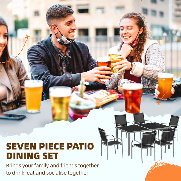 7-Piece Outdoor Dining Ensemble - Steel Frame Patio Table, Tempered Glass, 6 Mesh Stackable Chairs - Ideal for Garden Entertaining and Family Meals