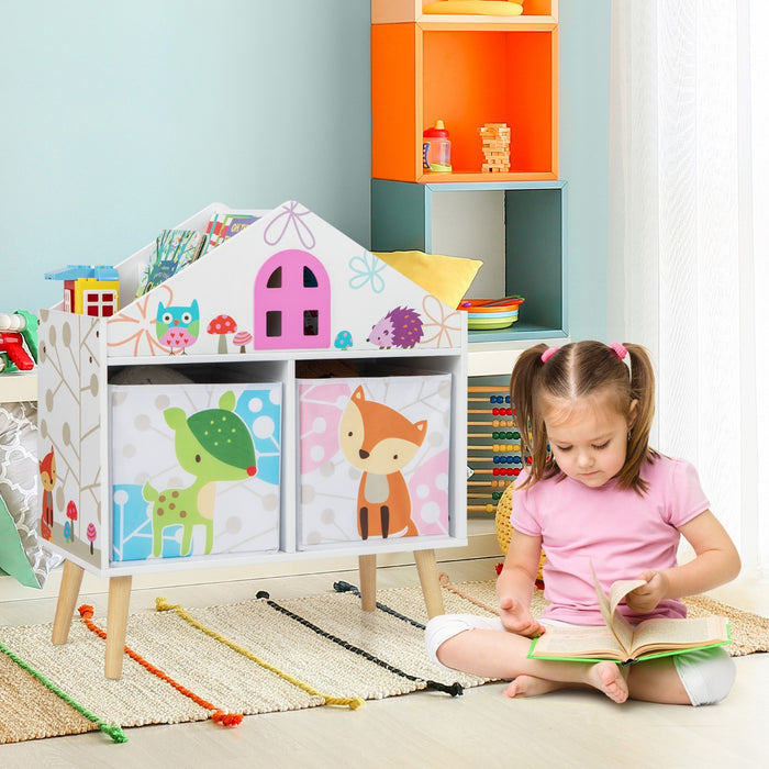 House-shaped Kids Bookshelf - With 2 Storage Bins and Elevated Solid Wood Legs - Ideal Storage Solution for Children's Room