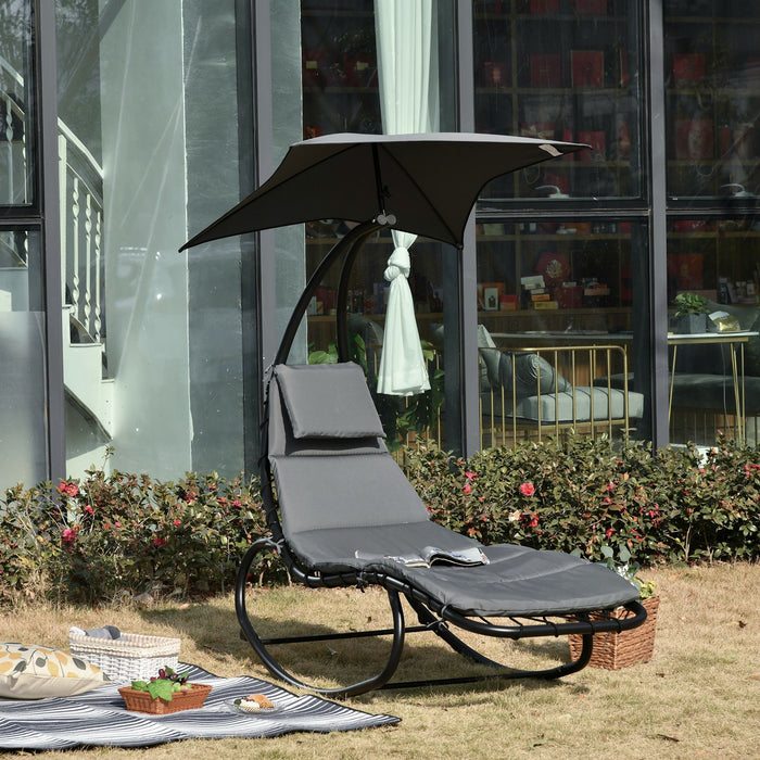 Outdoor Patio Rocking Chaise Lounge - Adjustable Sun Bed with Canopy, Cushion & Headrest Pillow - Relaxation & Comfort for Garden, Poolside or Deck Spaces