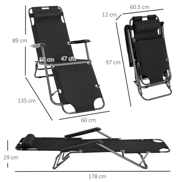 Foldable Sun Loungers - Adjustable Back, Reclining Garden Chairs with Pillow and Armrests, Black - Perfect for Patio Relaxation and Sunbathing