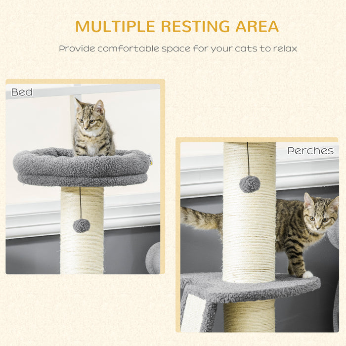 Deluxe Cat Tower with Multiple Scratching Posts - Plush Pad, Cozy Bed & Hanging Toy Ball, Dark Grey & Beige - Perfect Play Structure for Cats up to 6 Kg