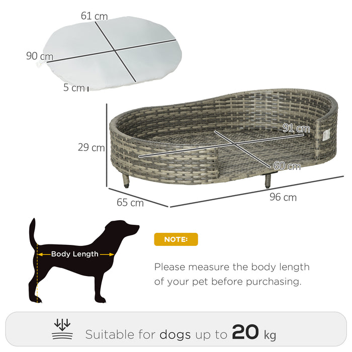 Elevated Canine Couch - Hand-Woven Wicker Pet Sofa with Soft Cushion and Washable Cover in Grey - Ideal for Medium Dogs and Cats