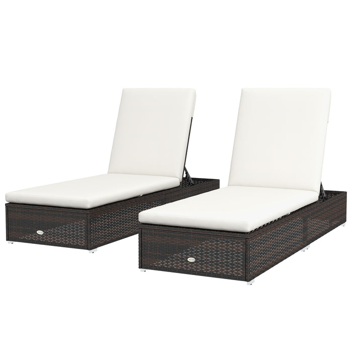 Rattan Sun Lounger Duo with Adjustable Reclining Backs - Stylish Brown and Cream Design - Perfect for Poolside Relaxation or Garden Comfort