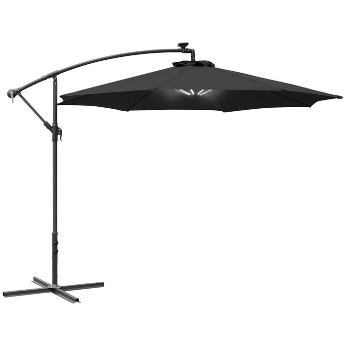 LED Solar-Lit Banana Parasol - 3m Cantilever Garden Umbrella with Crank Handle and Cross Base - Stylish Hanging Sunshade for Outdoor Relaxation