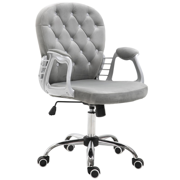 Ergonomic 360° Swivel Office Chair - Diamond Tufted Velour with Padded Base & 5 Castor Wheels - Comfortable Seating for Home Office Workers in Grey