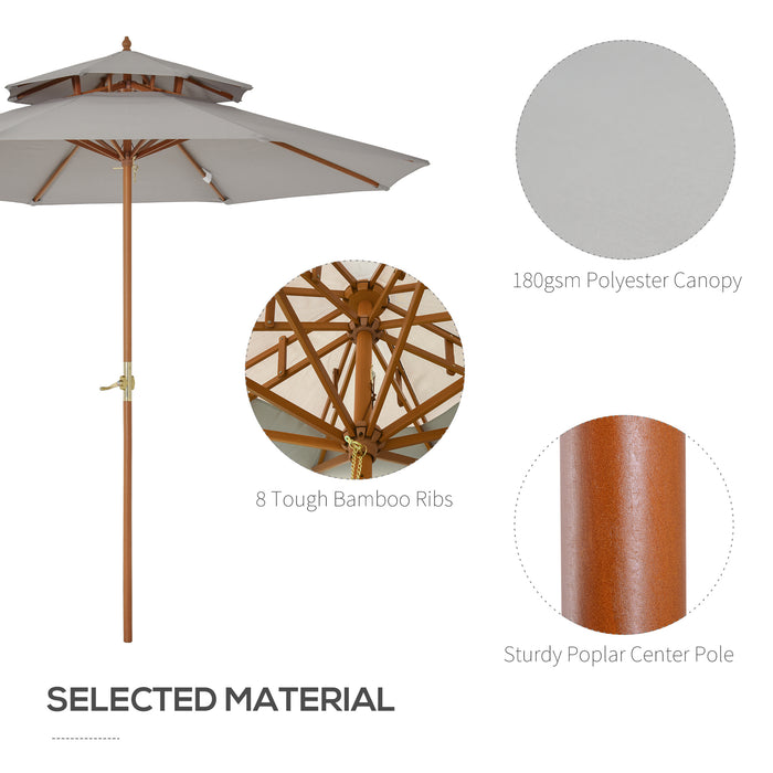 Double Tier 2.7m Garden Sun Umbrella - Outdoor Patio Wooden Parasol with Grey Canopy - Sunshade for Comfort and UV Protection